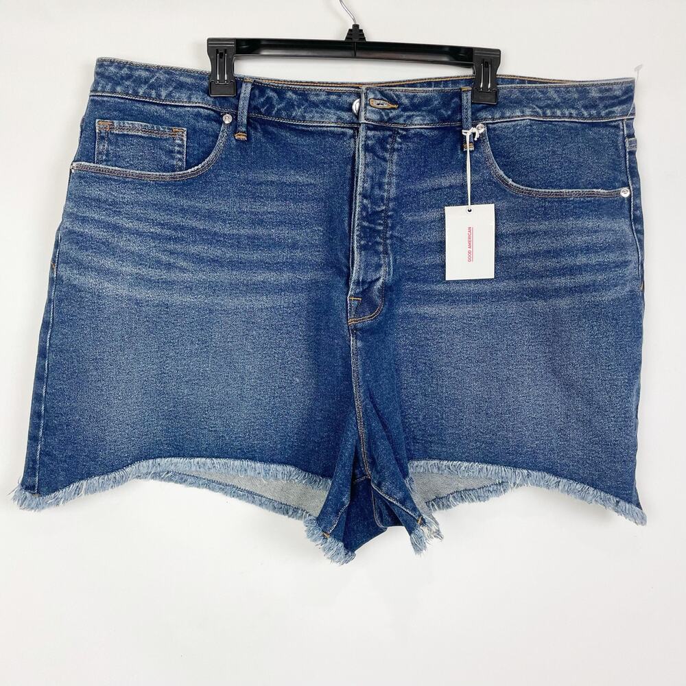 Good American Bombshell Denim Shorts Size 24 Plus Blue Cut Off High Waist NWT